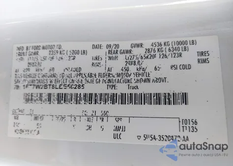 2020 Ford F-250 Lariat z USA, uszkodzony, nr VIN 1FT7W2BT8LEE56285